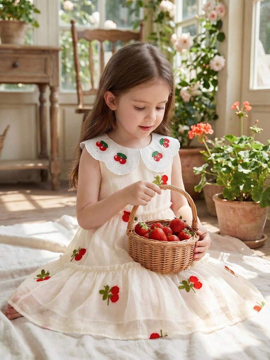 SHEIN 1 chiếc đầm lưới không tay cổ búp bê cho bé gái, thiết kế cổ áo thêu hoa, họa tiết quả anh đào, chất liệu vải hai lớp mềm mại, màu mơ, kiểu dáng công chúa ngọt ngào và thanh lịch, thích hợp mặc hàng ngày vào mùa xuân/hè, các dịp lễ, sinh nhật, du lịch, chụp ảnh, hoạt động ngoài trời. - Màu be - Xem 1