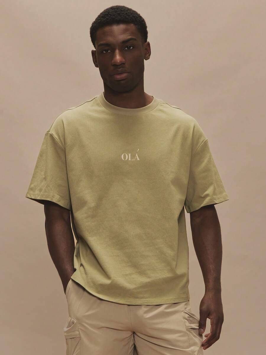 Musero Short Sleeve Oversized Graphic "Ola" T Crew Neck Shirt Spring Summer Essentials - Green - View 1