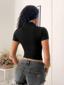 Jeanoix Nueva camiseta de mujer elástica y ajustada con cuello cuadrado sexy y versátil, primavera/verano 2026 - Negro - Ver 2