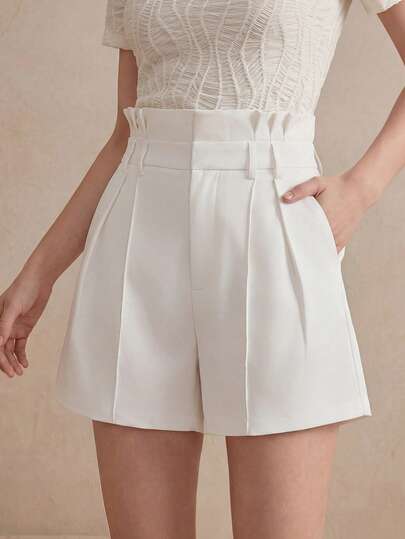 Anewsta Women's Modern White Ruffle Waist Shorts, Women's Casual Suit Shorts