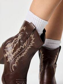 ROMWE Fairycore 2026 New Women's Small Square Toe Solid Color Thick Heel Fashion Sleeve Ankle Boots Western Boots And Ankle Boots - Coffee Brown - View 2