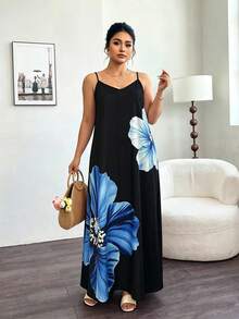 Elenzga Summer New Arrival Large Floral Print Sleeveless A-Line Elegant Women Dress - Multicolor - View 4
