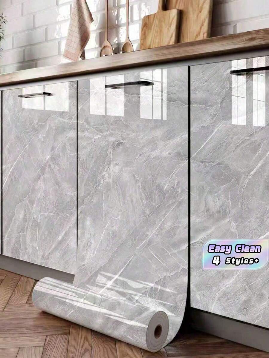 SHEIN 1 Buah Stiker Tahan Air dan Minyak Motif Marmer Abu-abu untuk Dapur, Stiker Dinding Dekorasi Kamar Mandi Perekat Diri Mengkilap, Stiker Dinding Dekorasi Rumah, Stiker Dinding Renovasi Tahan Lembap Motif Marmer untuk Meja dan Kompor, Gulungan Wallpaper Motif Marmer - Grey - View 1
