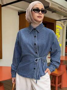 Joudiya Chaqueta y abrigo de mezclilla con cintura ajustada, suelto y casual, adecuado para primavera y verano - Azul - Ver 6