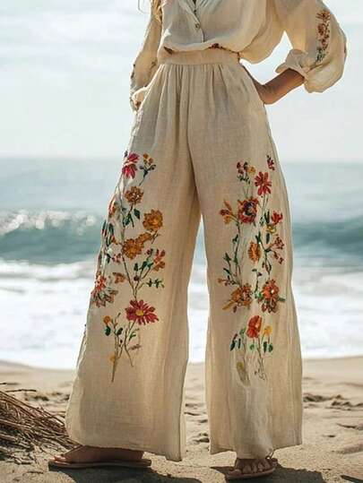 Breezaya Women's Fashionable Vintage French Style Floral Print Casual Wide Leg Pants, Suitable For Spring, Summer, Autumn And Winter Outings, Dates And Vacations