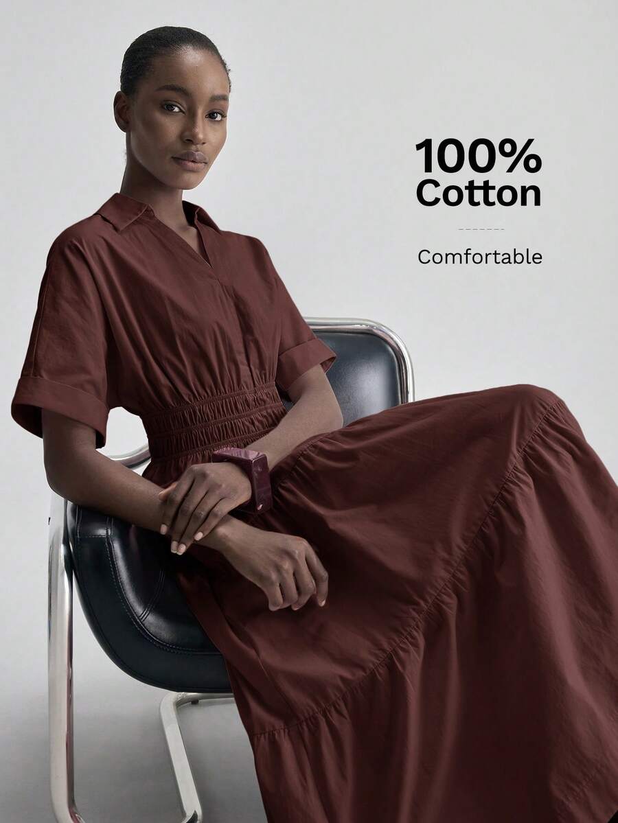 Ontre Women's Solid Color Ruffle Hem Casual Dress - Brown - View 1