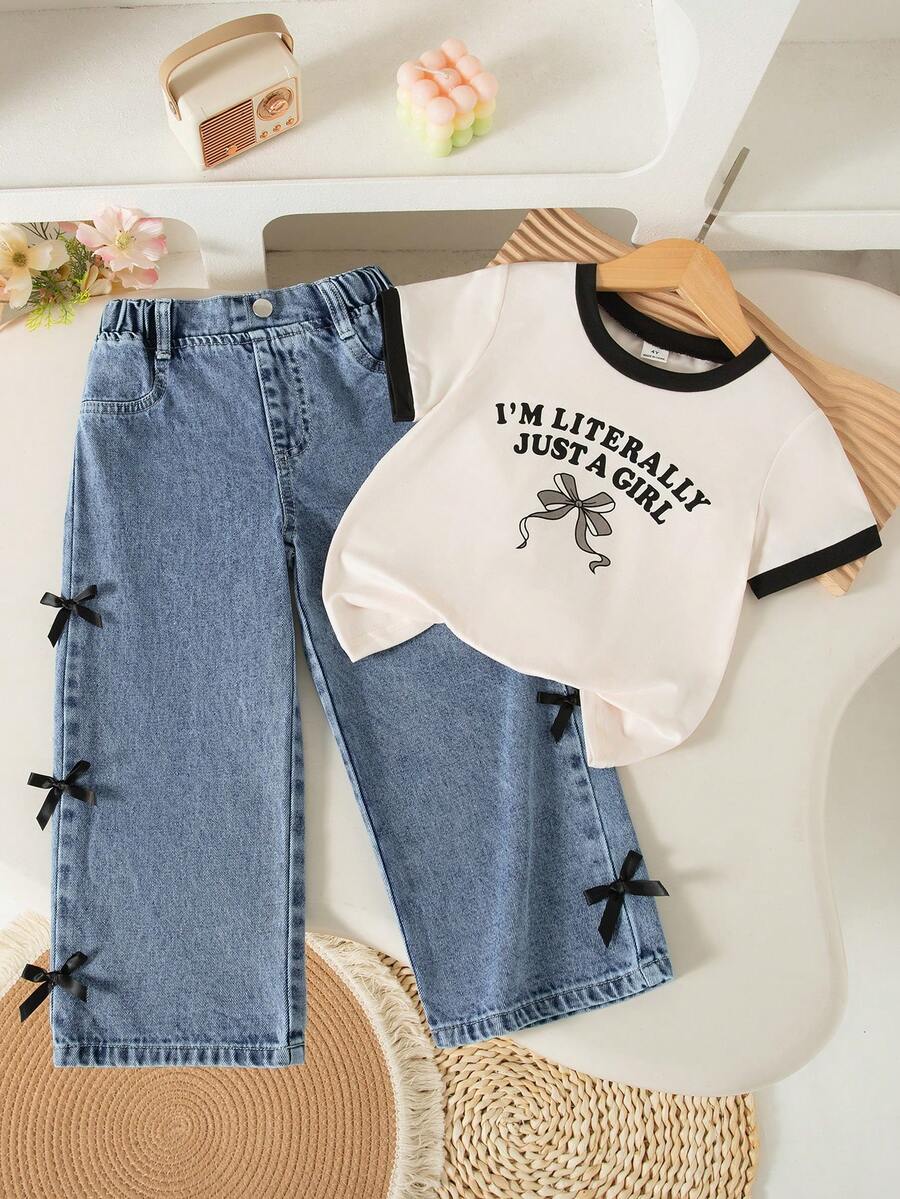 SHEIN Elladie kids Áo thun in nơ cổ tròn đơn giản mùa hè cho bé gái, quần dài cạp chun, quần denim dài, quần dài thắt nơ bên hông, bộ đồ ngọt ngào, thời trang thường ngày - Nhiều màu - Xem 1