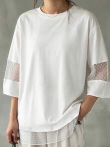 FRIFUL Women's Summer Casual Mesh Patchwork T-Shirt - White - View 4