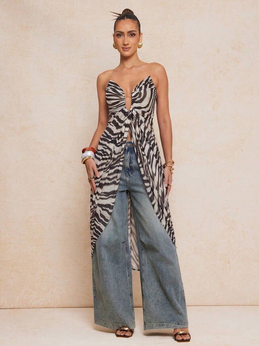 Lumalex Atasan Wanita Motif Zebra Leher V Pendek dengan Hem Asimetris dan Detail Kerut, Serbaguna untuk Pantai hingga Acara Gala, Kemewahan yang Tenang Berpadu dengan Nuansa Pesta