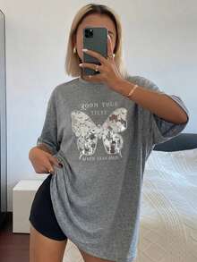 Livesso Women's Shiny Sequin Butterfly Letter Print Grey Top, Loose Casual Streetwear Short Sleeve T-Shirt, Summer City Break Music Festival Vacation Vibe - Grey - View 2