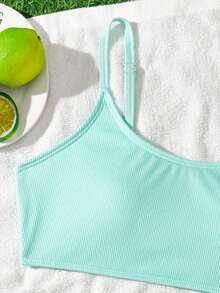 SHEIN Tween Girl Girls' Tankini Swimwear, Casual Minimalist Black Knit Camisole Tween Girls Swimwear Bikini Set, Suitable For Swimming, Vacation, Summer - Mint Green - View 4