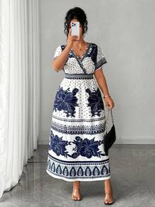 Elenzga Plus Size Elegant Commuter Floral & Polka Dot Print Dress, Summer - Navy Blue - View 4
