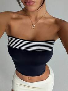 SHEIN HypeZone Áo croptop thể thao kẻ sọc dành cho nữ - Màu xanh hải quân - Xem 6