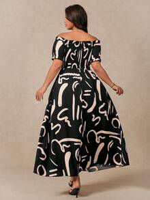 Juhart Vestido elegante de vacaciones de verano con estampado abstracto negro y albaricoque, hombros descubiertos, cruzado, calado y abertura alta para tallas grandes - Blanco y Negro - Ver 2