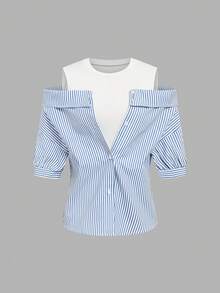 Elenzga Áo sơ mi tay ngắn kiểu Pháp kẻ sọc xanh trắng, dáng ôm, thắt eo, tay phồng, thích hợp mặc đi làm. - Nhiều màu - Xem 3