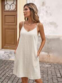 Brillora Đầm ngắn vải lanh màu trơn, dây mảnh, có túi bên hông, thích hợp cho kỳ nghỉ. - Màu be - Xem 6