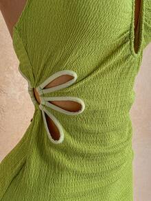 Ure Wave Vestido de mujer con cuello halter plisado y textura hueca - Verde - Ver 8