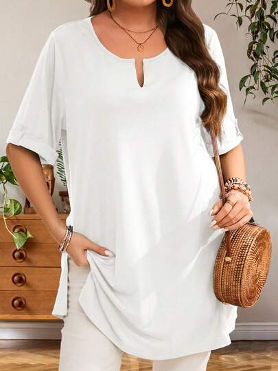 EMERY ROSE Plus Size Women's Early Spring Short Sleeve Long Green Military T-Shirt