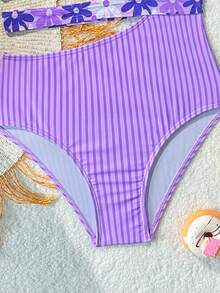 SHEIN Tween Girls Colorblock Floral Print Asymmetric Neck Hollow Waist One-Piece Swimsuit - Purple - View 5