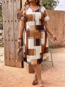 EMERY ROSE Plaid Patchwork Print V-Neck Button Decor Plus Size Dress - Coffee Brown - View 5