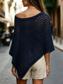 EMERY ROSE Blusa de mujer de moda con hombros descubiertos, bajo asimétrico y calado - Azul Marino - Ver 2