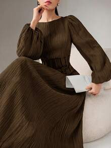 Heiryn Women's Solid Color Waist-Cinched Elegant Long Sleeve Dress Formal Dark Brown Autumn High Tea Everyday Daytime Daytime Dinner Everyday Party - Coffee Brown - View 5