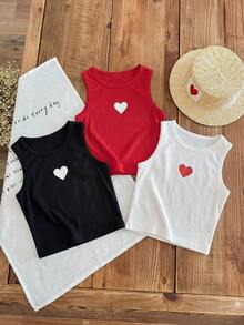 SHEIN 3件装/女童休闲可爱罗纹针织爱心图案休闲背心，非常适合春夏日常休闲穿着和上学穿着，情人节、母女装、姐妹装等场合皆宜。 - 彩色 - 查看 4