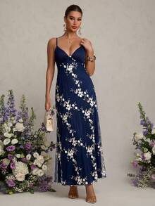 MaterniChic Vestido de maternidad elegante con tirantes bordados para vacaciones - Azul Marino - Ver 5