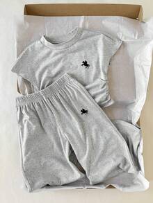 SHEIN Bộ đồ thường ngày gồm áo thun và quần short cho bé gái. - Xám - Xem 6