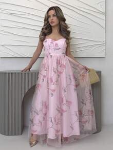 Jemour Vestido largo elegante con estampado floral de rosas sin mangas con corte evasé y ribete de volantes, vestido maxi de gasa romántico para primavera/verano y resort, estilo favorecedora para fiestas - Rosa - Ver 1