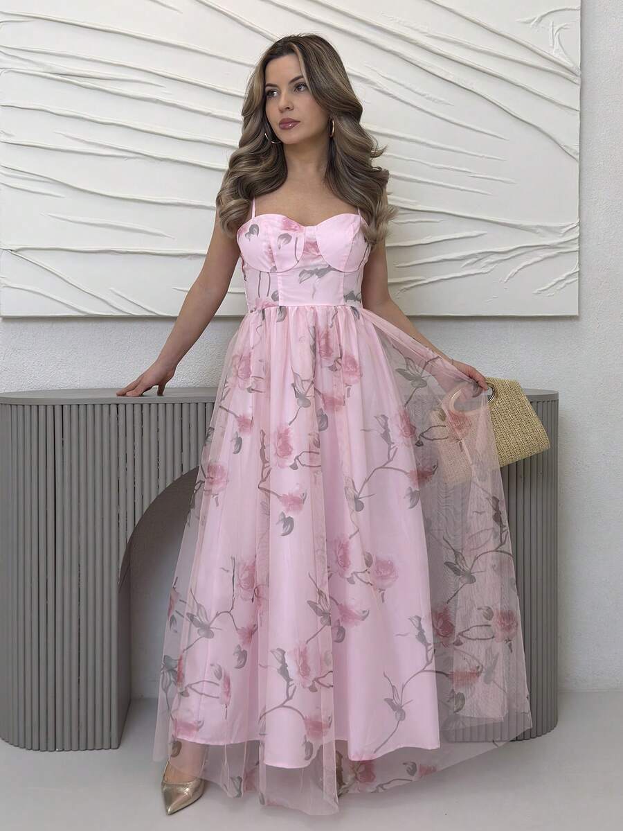 Jemour Vestido largo elegante con estampado floral de rosas sin mangas con corte evasé y ribete de volantes, vestido maxi de gasa romántico para primavera/verano y resort, estilo favorecedora para fiestas - Rosa - Ver 1