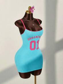 Amplova Sports Number Contrast Color Lace Patchwork Bodycon Mini Dress,Summer Dresses For Women - Teal Blue - View 5
