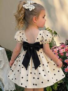 SHEIN Đầm dệt họa tiết chấm bi cổ vuông tay cánh hoa cho bé gái, kiểu dáng thường ngày. - Đen và trắng - Xem 3