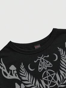 ROMWE Goth 女式哥特风女巫、骷髅、飞蛾、太阳、月亮、星星、蘑菇印花黑色T恤，夏季 - 黑色 - 查看 3