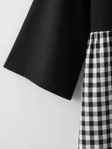 SHEIN CURVE+ 大码女装春夏时尚休闲宽松舒适日常百搭修身面料黄色短袖衬衫，简约风格，凸显曲线，可爱上衣，外出上衣，女士衬衫，欧洲夏季，荷叶边上衣，女士早午餐秋季服装，冬季，CURVE PLUS - 黑與白 - 查看 5