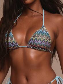 Musera Resort Patterned Halterneck Tie Back Triangle Bikini Top Only Swim Vacation Holiday Summer Travel Beachwear Terra Sol Spring - Blue - View 6