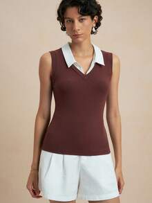 Nima Coro Women's Summer Back To School American Retro Color-Block Collar Sleeveless Vest, Brown Ribbed V-Neck Slim Fit Base Layer, Daily Office Preppy Wear. - Brown - View 6