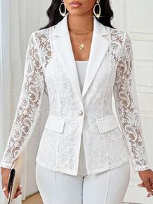 SHEIN Lady Áo blazer nữ thanh lịch tay dài cổ ve áo ren mỏng nhẹ - trắng - Xem 4