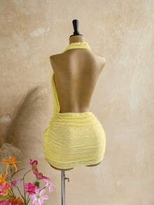 Soleia Đầm ngắn gợi cảm cổ yếm xếp ly sâu cổ chữ V dành cho nữ, thích hợp cho kỳ nghỉ. - Màu vàng - Xem 2