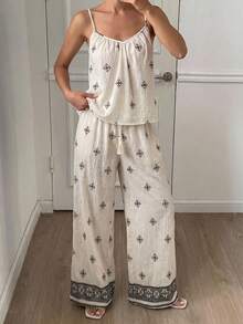 Breezaya Ensemble décontracté et élégant de 2 pièces à imprimé floral bohème pour femmes, débardeur à bretelles fines et pantalon large en mélange de lin pour les vacances, débardeur à bretelles fines et pantalon large 2 pièces pour la maison et les loisirs, ensemble Top débardeur à imprimé floral et pantalon large en mélange de lin pour le quotidien et le brunch, ensemble bohème Y2K de 2 pièces à imprimé floral, tenue d'été blanche pour les vacances - Nude - Voir 9