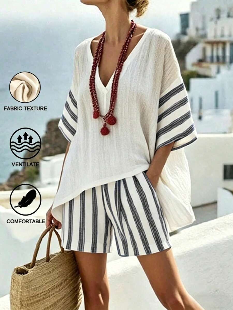 SHEIN Holidaya 女士新款V领宽松罩衫条纹拼接袖+高腰短裤两件套 - 黑色 - 查看 1