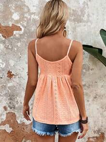 EMERY ROSE Solid Color Hollow Embroidered Casual Sleeveless Tank Top For Summer - Orange - View 2