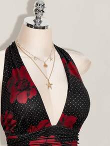 SHEIN ICON 大码女式波点花卉印花深V性感吊带背心 - 黑色 - 查看 8