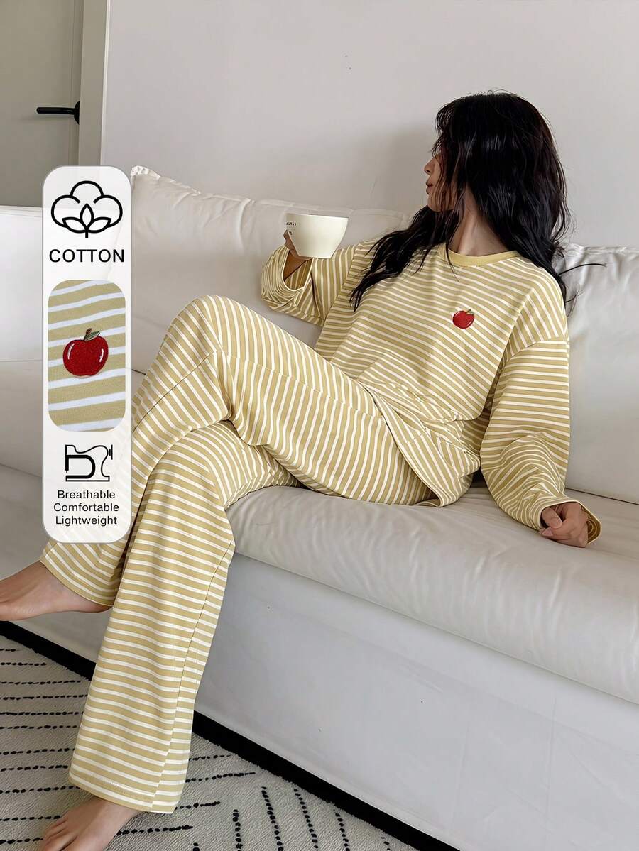 DAZY Conjunto de pijama holgado de 2 piezas con estampado de manzana y rayas para mujer - Amarillo - View 1