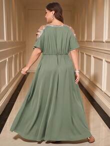 SHEIN Clasi Plus Size Elegant Splice Ribbon Open Shoulder Waist Tie Dress, Summer - Mint Green - View 2