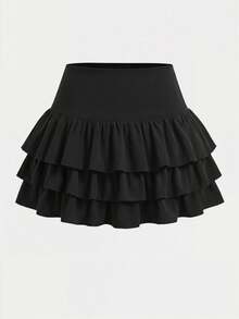 SHEIN Girlism 青少年女孩休閒運動學院風返校穿搭，黑色內建內搭褲雙層荷葉邊蛋糕迷你裙 - 黑色 - 查看 1