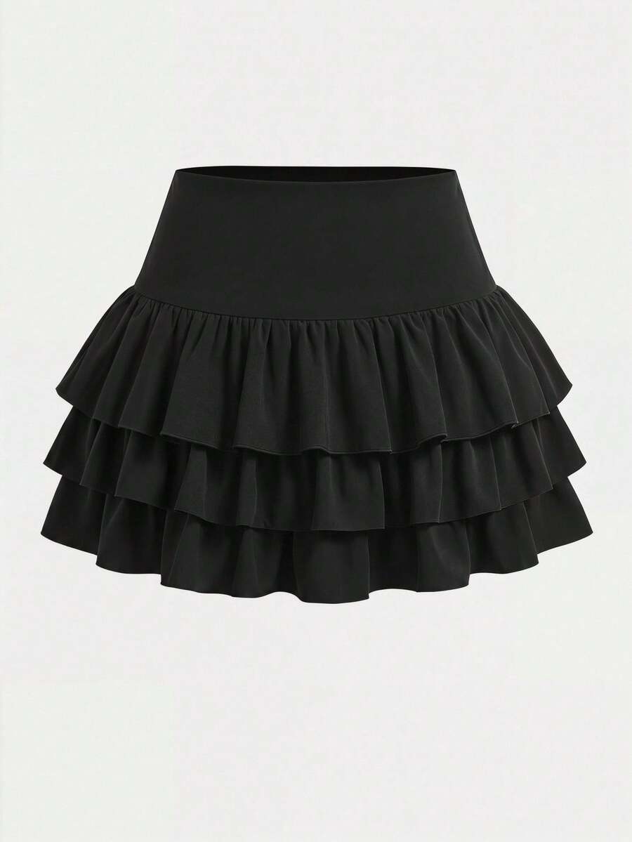 SHEIN Girlism 青少年女孩休閒運動學院風返校穿搭,黑色內建內搭褲雙層荷葉邊蛋糕迷你裙 - 黑色 - 查看 1