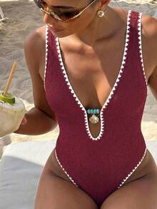 Bonvoyette Swim Swim Lushoire 橙色纹理连体泳衣，饰有贝壳图案和撞色滚边，适合夏季海滩穿着 - 酒紅色 - 查看 5
