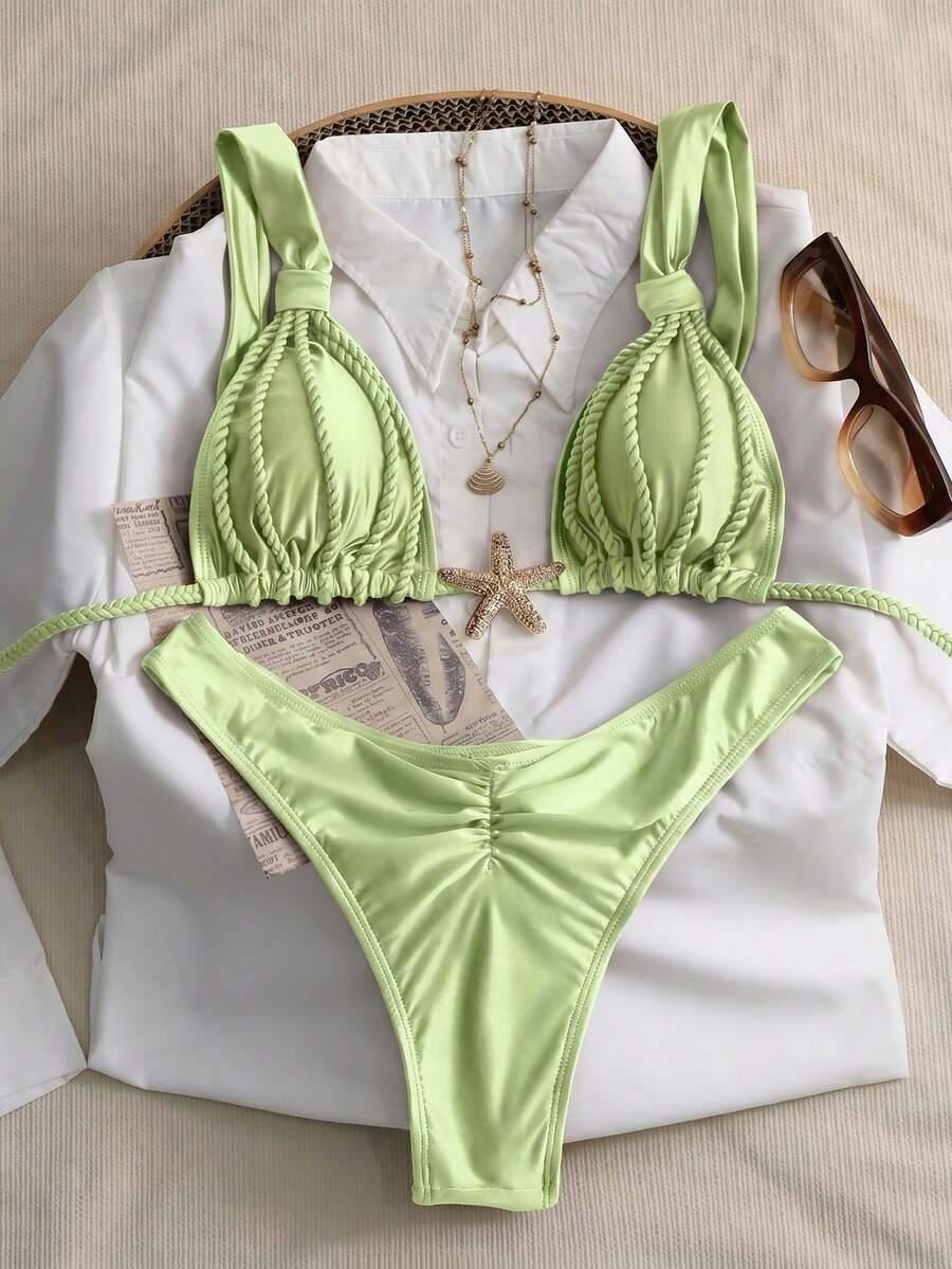 Swim Chiccia Bộ bikini hai mảnh gợi cảm, thanh lịch, cổ điển, lãng mạn, thích hợp mặc đi biển/hẹn hò cho nữ, với dây đeo dày, thiết kế xếp ly, màu sắc trung tính, đồ bơi bikini nữ. - Màu xanh Bạc hà - Xem 1