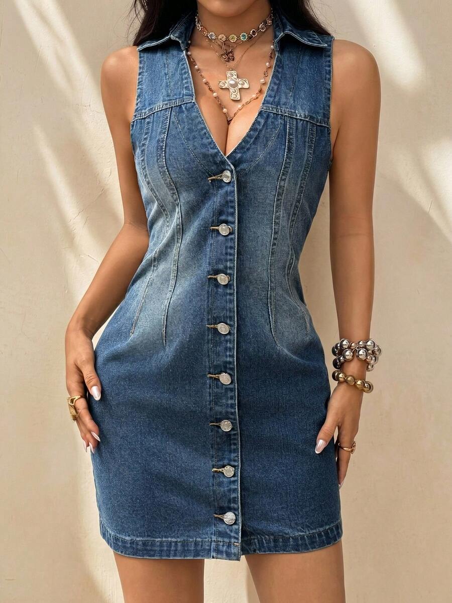 Jeanoix Đầm denim nữ phong cách Y2K, cổ áo và cài một hàng cúc, không tay. - Rửa trung bình - Xem 1